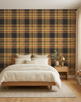 Autumn Lattice warm plaid wallpaper adding character to a cozy bedroom