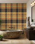 Autumn Lattice warm plaid wallpaper creating ambiance in a serene bathroom