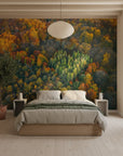 Patchwork forest canopy in warm autumn colors on peel and stick wallpaper
