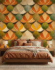 Autumn Scales earthy geometric scallop wallpaper in a warm and inviting living room