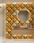 Autumn Scales earthy geometric scallop wallpaper as a feature wall in a bright home office