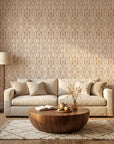Aztec Quilt geometric tribal wallpaper in a warm and inviting living room
