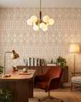 Aztec Quilt geometric tribal wallpaper as a feature wall in a bright home office