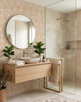 Aztec Quilt geometric tribal wallpaper creating ambiance in a serene bathroom