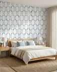 Azul Lattice dotted blue wallpaper adding character to a cozy bedroom