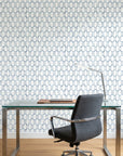 Azul Lattice dotted blue wallpaper as a feature wall in a bright home office