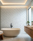 Azul Lattice dotted blue wallpaper creating ambiance in a serene bathroom
