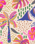A vibrant wallpaper pattern featuring a tropical scene, including green palm fronds and bright pink hibiscus flowers