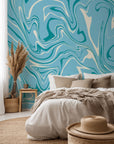 Self-adhesive wallcovering with a fluid, abstract marble design in blue and white, titled Azure Dance