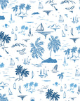Coastal illustrated wallpaper with hand drawn palm trees, sailboats, islands, and ocean scenes rendered in soft blue linework on a white background.