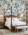 Azure Eden chinoiserie pagoda wallpaper adding character to a cozy bedroom