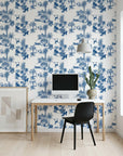 Azure Palms blue tropical jungle toile wallpaper as a feature wall in a bright home office