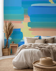Contemporary wall covering featuring layered brushwork in peach and blue tones (Azure Stacks)