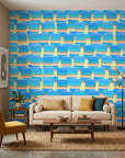 Azure Stacks blue and peach abstract brush stroke wallpaper in a warm and inviting living room