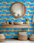 Contemporary painterly wall covering featuring layered blue and peach strokes - Azure Stacks design