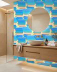 Azure Stacks blue and peach abstract brush stroke wallpaper creating ambiance in a serene bathroom
