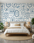 Azure Stamps travel theme wallpaper adding character to a cozy bedroom