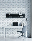 Azure Whisper blue sage wallpaper as a feature wall in a bright home office