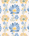 Self-adhesive, removable wallpaper featuring a folk art style pattern of yellow and blue flowers