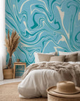 Self-adhesive wallcovering with a fluid, abstract marble design in blue and white, titled Azure Dance
