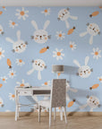 Soft pastel blue wall covering featuring a charming pattern of white rabbits and daisies with a sleek self-adhesive finish. - Azure Dreams