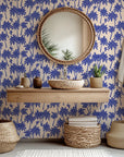 Palm tree wallpaper installed in a bathroom, adding a breezy island inspired atmosphere with detailed tropical foliage.