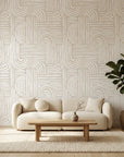 Bantu Lines tribal geometric wallpaper in a warm and inviting living room