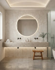 Bantu Lines tribal geometric wallpaper creating ambiance in a serene bathroom
