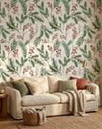Linen-like green and red berry botanical peel and stick wallpaper - Berry & Pine