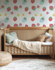 A clean-lined, charming wall covering, illustrated with simple, fresh strawberries and floral motifs.