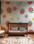 Illustrated wallpaper with a simple, fresh aesthetic, displaying hand-drawn strawberries and blossoms