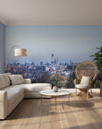 Between Two Worlds cityscape mural wallpaper featuring Beijing skyline at dusk in soft blue tones