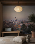 Between Two Worlds cityscape mural wallpaper featuring Asian pagoda and modern skyline in zen meditation space