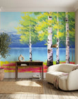 Canvas-like spring birch tree lake landscape peel and stick wallpaper - Birch & Bloom