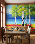 Birch & Bloom spring birch tree landscape wallpaper adding character to a cozy bedroom