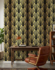 Black Tie dramatic art deco fan wallpaper adding character to a cozy bedroom