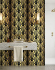 Black Tie dramatic art deco fan wallpaper as a feature wall in a bright home office