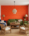 Blazing Petal bold red hibiscus wallpaper in a warm and inviting living room