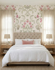 Blossom Reverie pink floral damask wallpaper adding character to a cozy bedroom