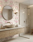 Blossom Reverie pink floral damask wallpaper creating ambiance in a serene bathroom