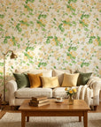 Blossom Spell yellow botanical peel and stick wallpaper in a warm and inviting living room