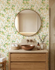 Blossom Spell yellow botanical peel and stick wallpaper creating ambiance in a serene bathroom