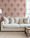 Bohemian peel and stick wallpaper with pink and green palm arch patterns