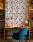 Blue Bouquet vintage floral peel and stick wallpaper as a feature wall in a bright home office