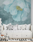 Watercolor Blue Daydreams floral wallpaper with soft petals and gold accents in serene nursery setting