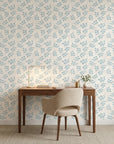 Blue Garden serene blue floral wallpaper as a feature wall in a bright home office