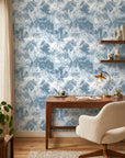 Blue Ink Garden serene blue botanical wallpaper adding character to a cozy bedroom