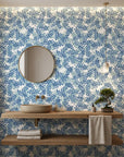 Blue Jade serene blue botanical wallpaper adding character to a cozy bedroom