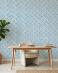 Blue Labyrinth modern geometric peel and stick wallpaper adding character to a cozy bedroom