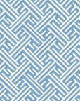 Blue Labyrinth modern geometric peel and stick wallpaper creating ambiance in a serene bathroom